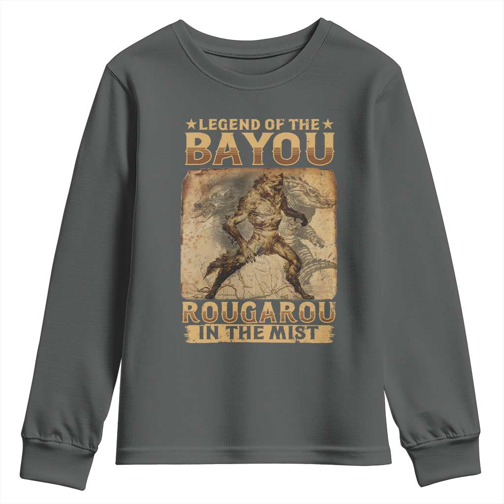 Louisiana Cryptid Rougarou Youth Sweatshirt Legend Of The Bayou Rougarou In The Mist TS09 Dark Heather Print Your Wear
