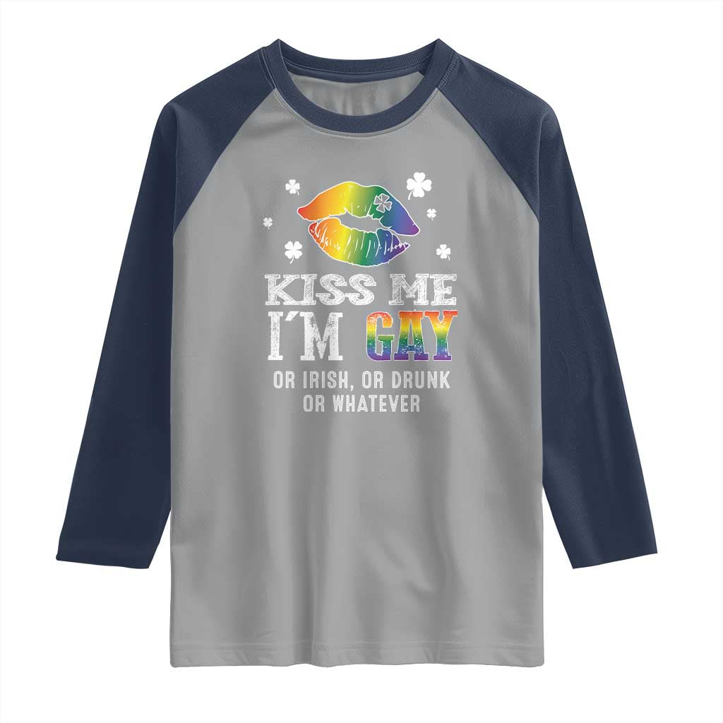 St Patrick's Day Raglan Shirt Kiss Me I'm Gay Or Irish Or Drunk Or Whatever TS09 Sport Gray Navy Print Your Wear