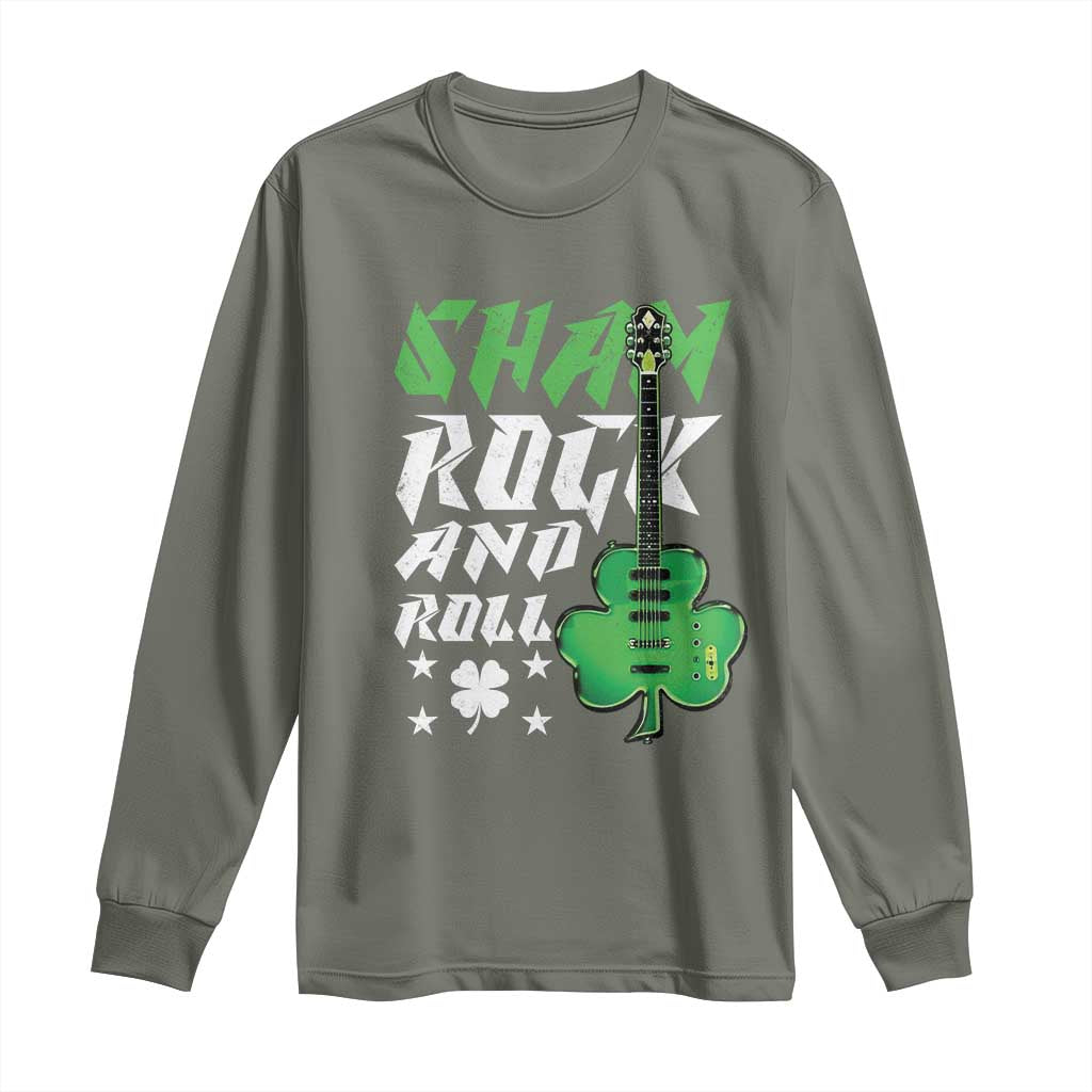 St Patrick's Day Long Sleeve Shirt Funny Sham Rock N Roll Shamrock Guitar TS09 Military Green Print Your Wear