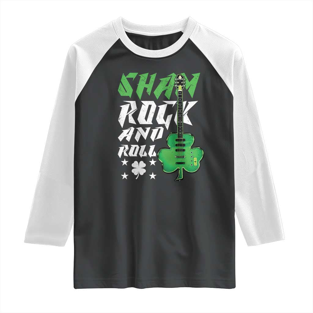 St Patrick's Day Raglan Shirt Funny Sham Rock N Roll Shamrock Guitar TS09 Black White Print Your Wear
