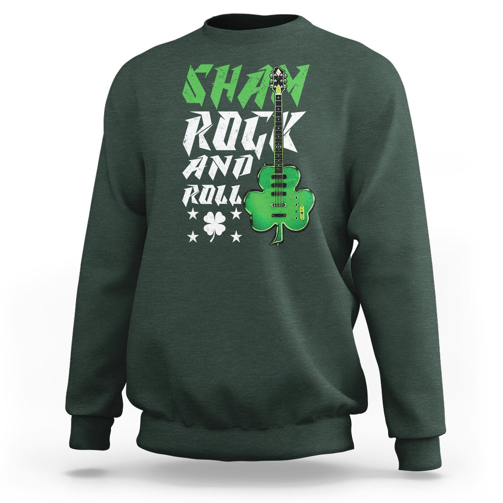 St. Patrick's Day Sweatshirt Funny Sham Rock N Roll Shamrock Guitar TS09 Dark Forest Green Printyourwear