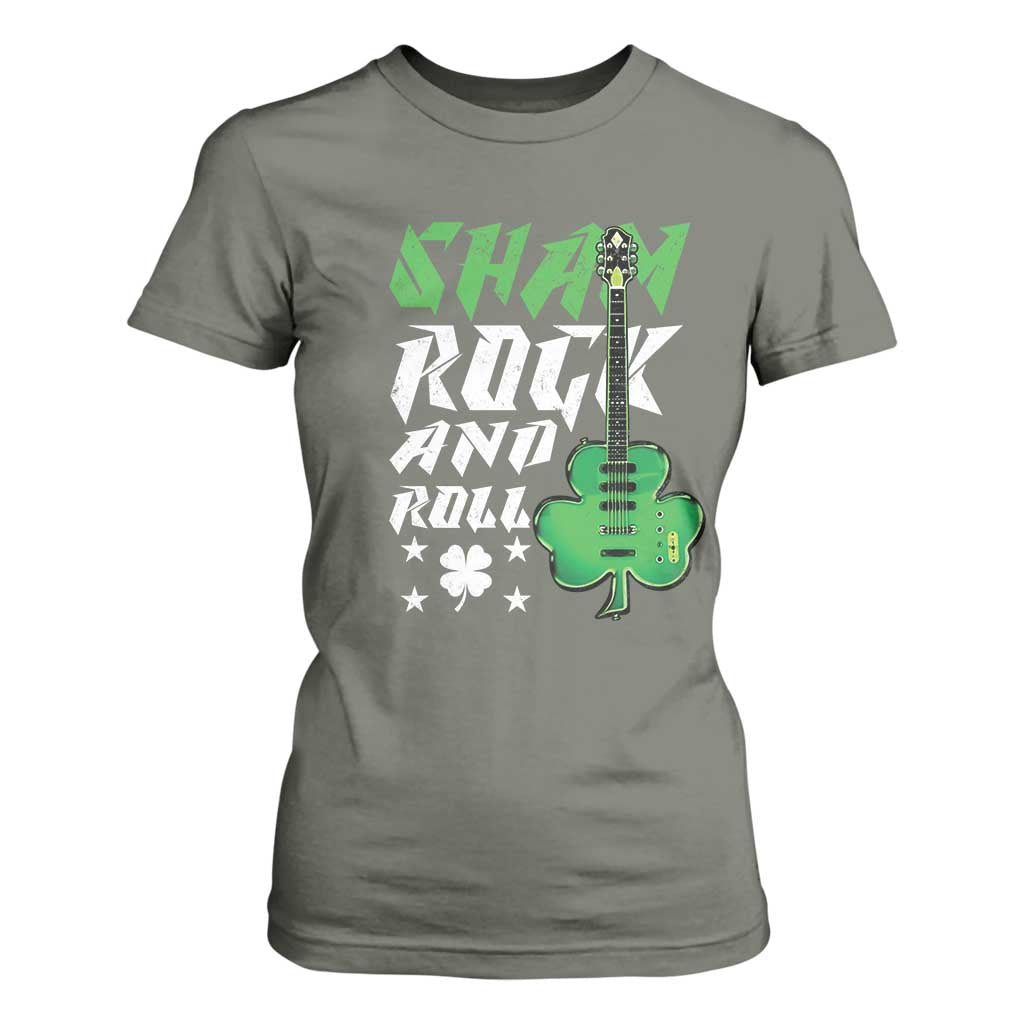 St Patrick's Day T Shirt For Women Funny Sham Rock N Roll Shamrock Guitar TS09 Military Green Print Your Wear