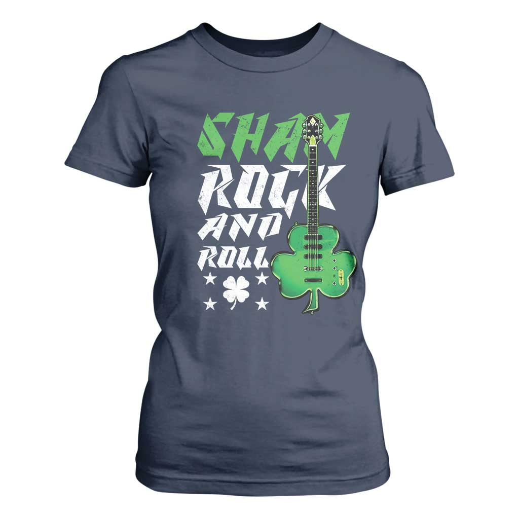 St Patrick's Day T Shirt For Women Funny Sham Rock N Roll Shamrock Guitar TS09 Navy Print Your Wear