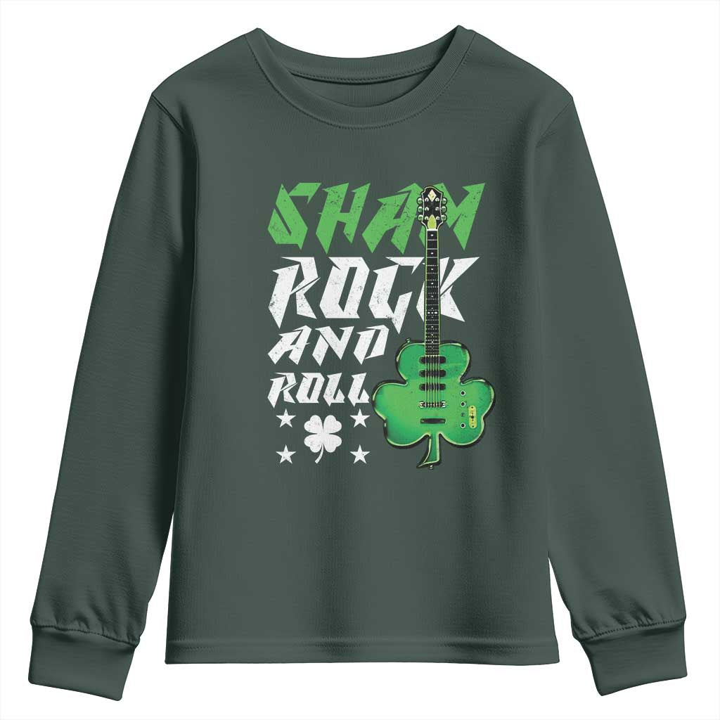 St Patrick's Day Youth Sweatshirt Funny Sham Rock N Roll Shamrock Guitar TS09 Dark Forest Green Print Your Wear