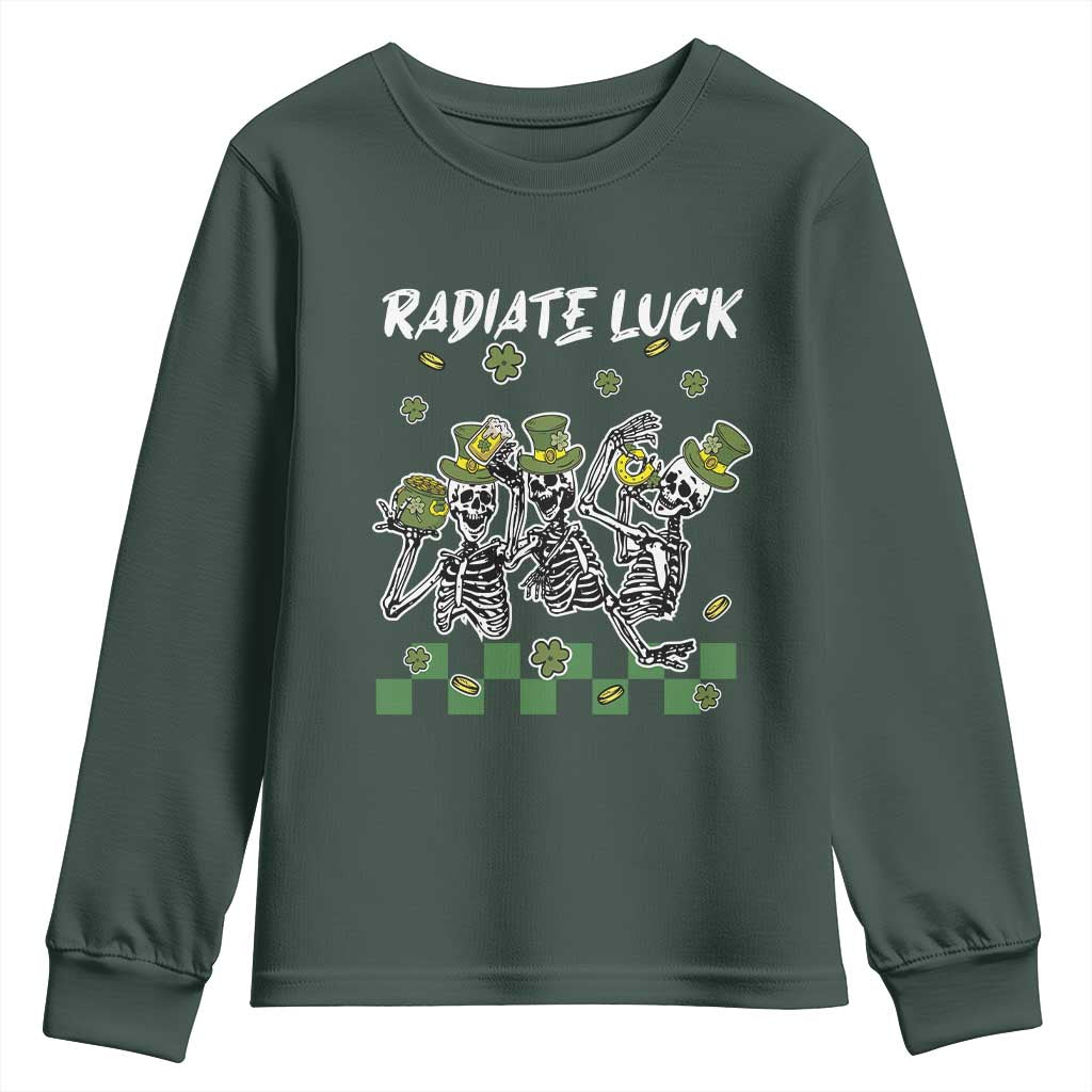 St Patrick's Day Youth Sweatshirt Radiate Luck Funny Skeleton Radiology TS09 Dark Forest Green Print Your Wear