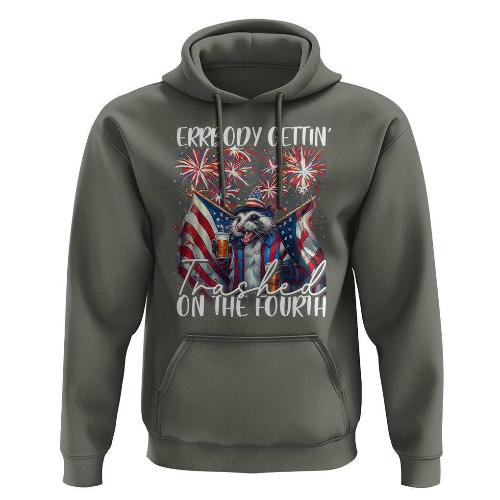 Funny 4th Of July Drinking Hoodie Everybody Gettin' Trashed On the Fourth American Opossum Patriotic Party TS09 Military Green Print Your Wear