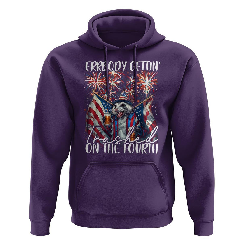 Funny 4th Of July Drinking Hoodie Everybody Gettin' Trashed On the Fourth American Opossum Patriotic Party TS09 Purple Print Your Wear