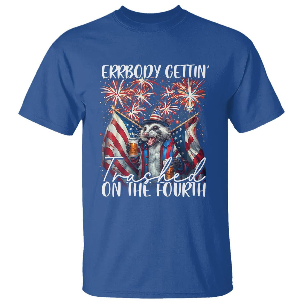 Funny 4th Of July Drinking T Shirt Everybody Gettin' Trashed On the Fourth American Opossum Patriotic Party TS09 Royal Blue Print Your Wear
