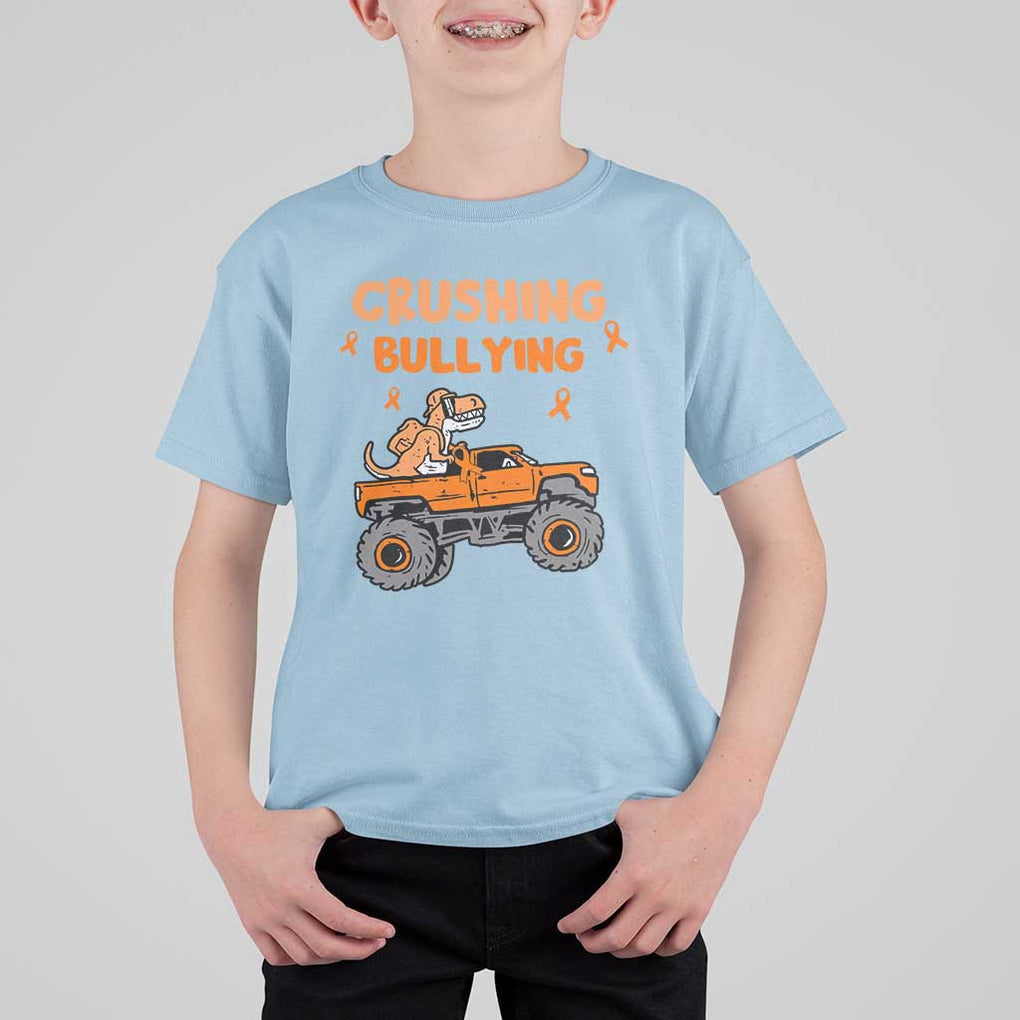 Anti Bullying T Shirt For Kid Crushing Bullying Dinosaur Riding Anti Bullying Prevention TS09 Light Blue Print Your Wear