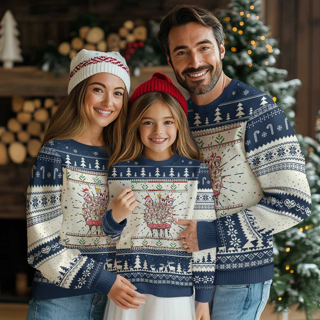 Funny Flamingo Family Christmas Light Tangled Ugly Christmas Sweater TS09 Navy Print Your Wear
