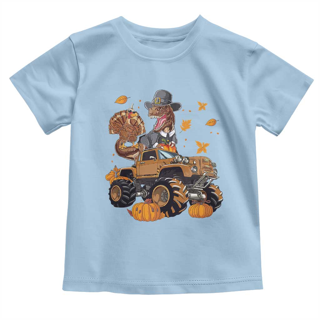 Thanksgiving Baby Shirt Dinosaur Turkey Riding Truck Monster TS09 Light Blue Print Your Wear