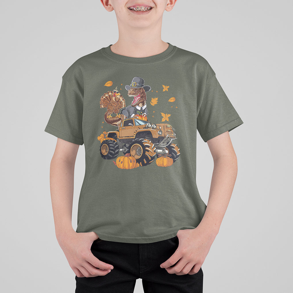 T Rex Turkey Riding Truck Monster Happy Thanksgiving Cool Dinosaur T Shirt For Kid TS09 Printyourwear