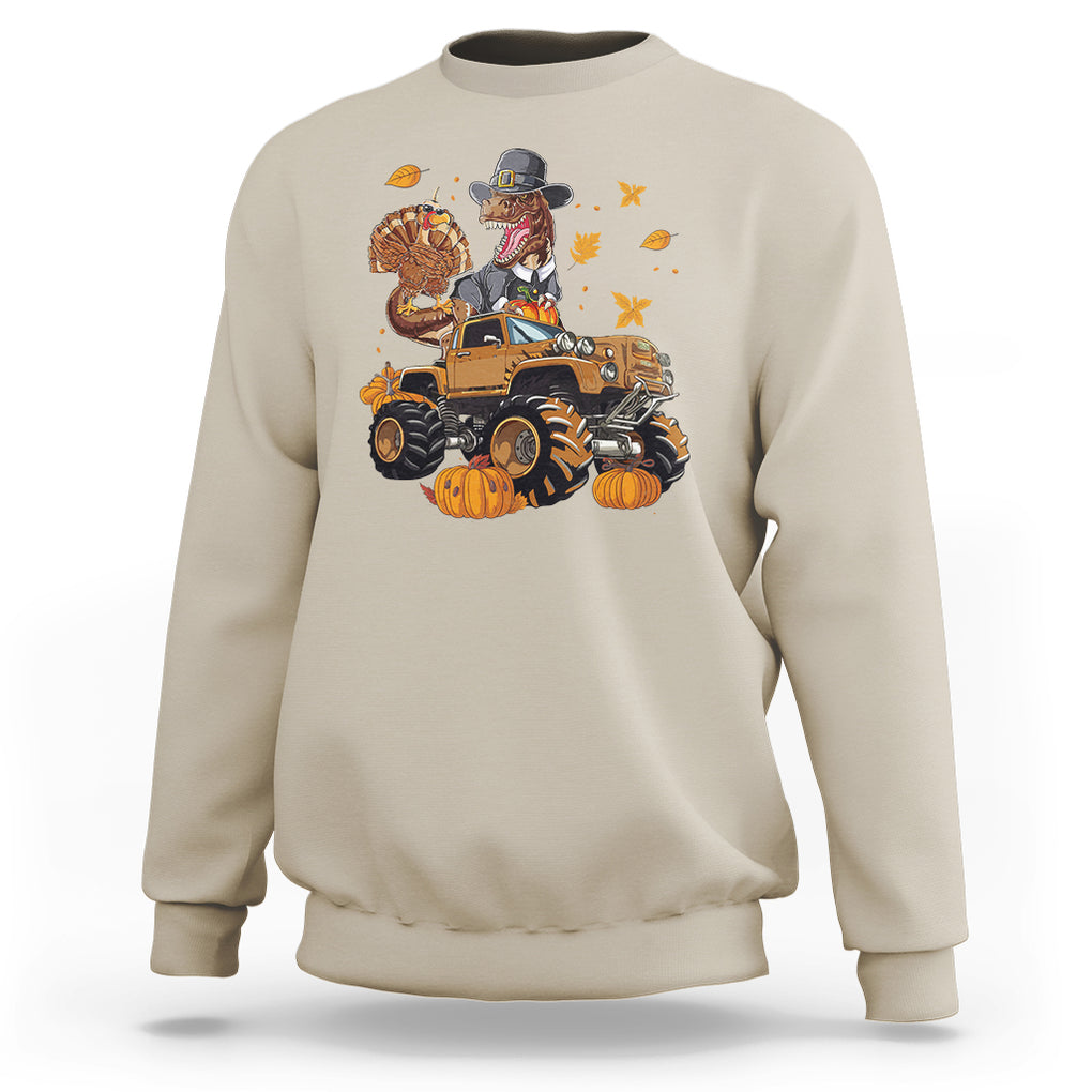 T Rex Turkey Riding Truck Monster Happy Thanksgiving Cool Dinosaur Sweatshirt TS09 Printyourwear