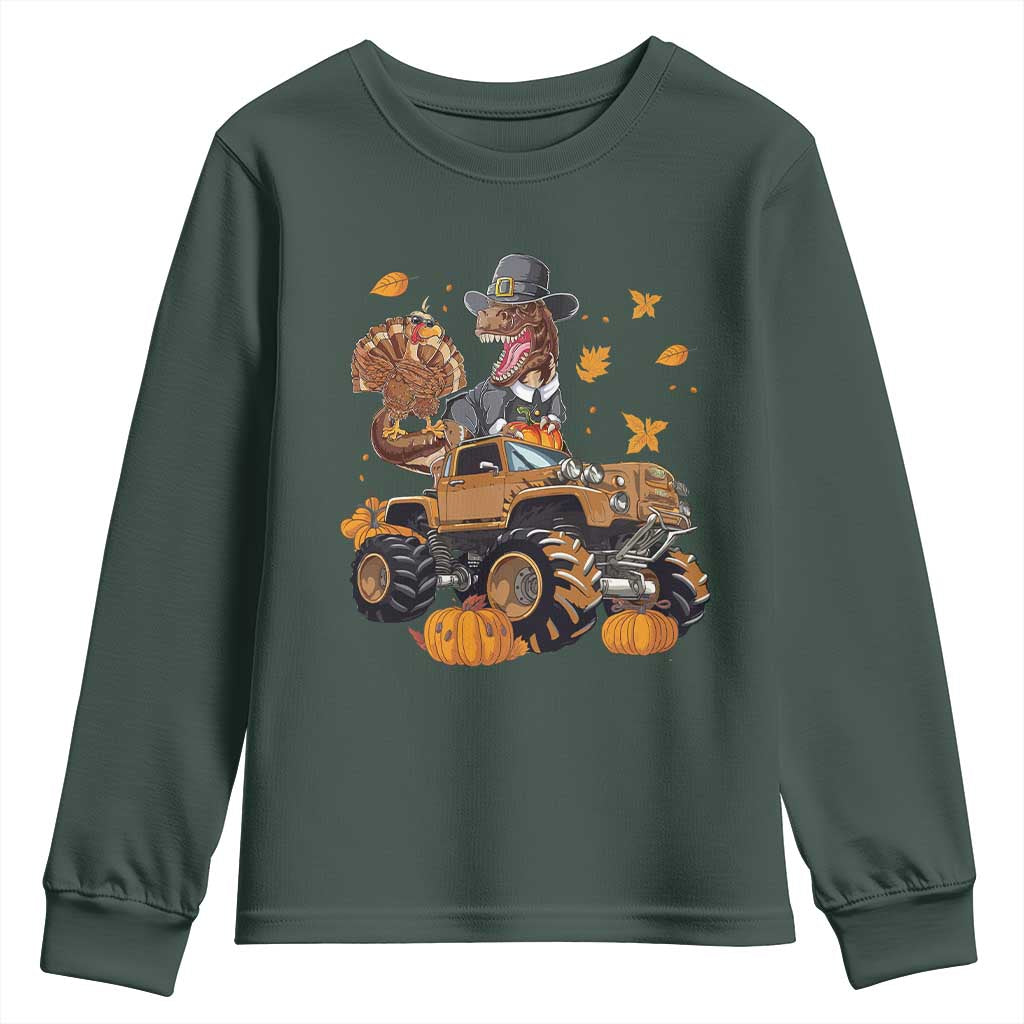 Thanksgiving Youth Sweatshirt Dinosaur Turkey Riding Truck Monster TS09 Dark Forest Green Print Your Wear