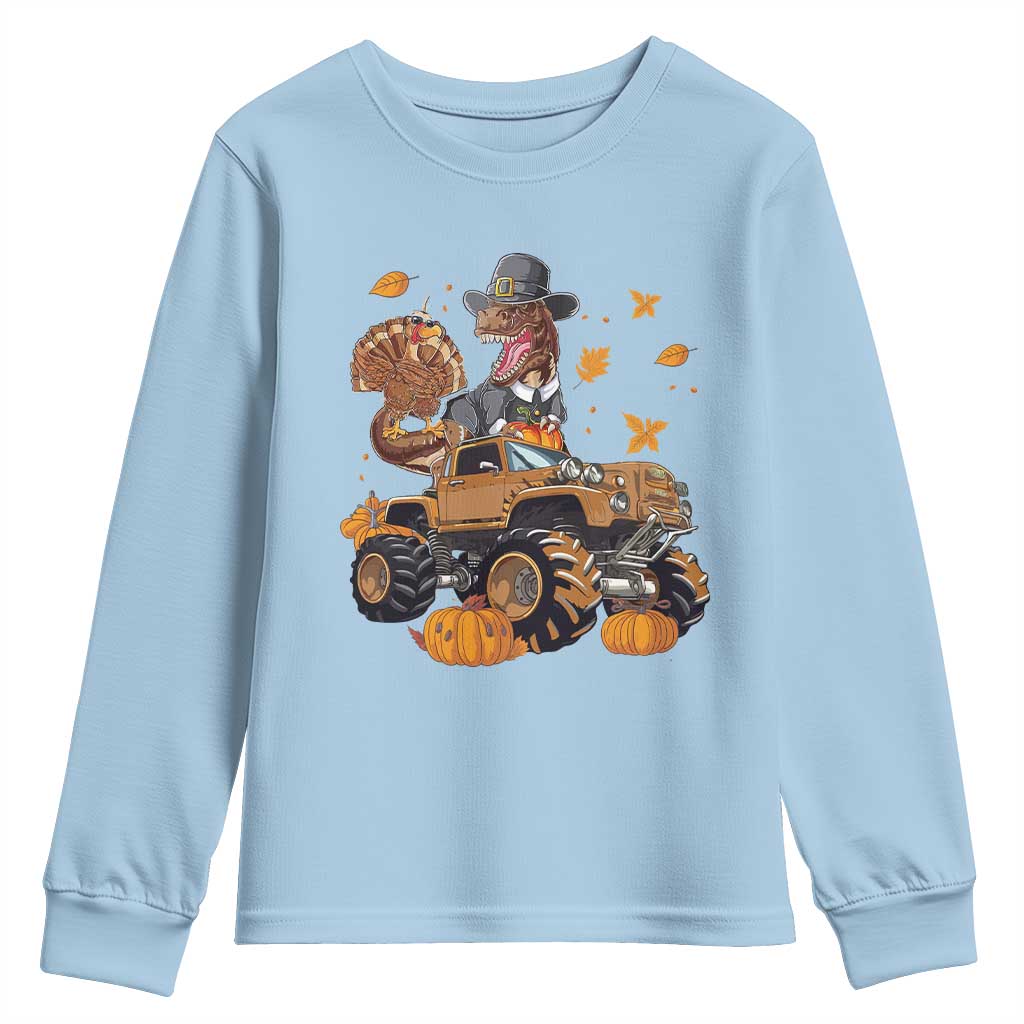 Thanksgiving Youth Sweatshirt Dinosaur Turkey Riding Truck Monster TS09 Light Blue Print Your Wear