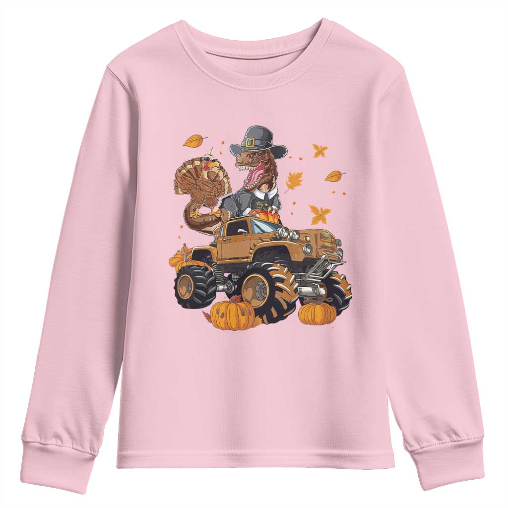 Thanksgiving Youth Sweatshirt Dinosaur Turkey Riding Truck Monster TS09 Light Pink Print Your Wear