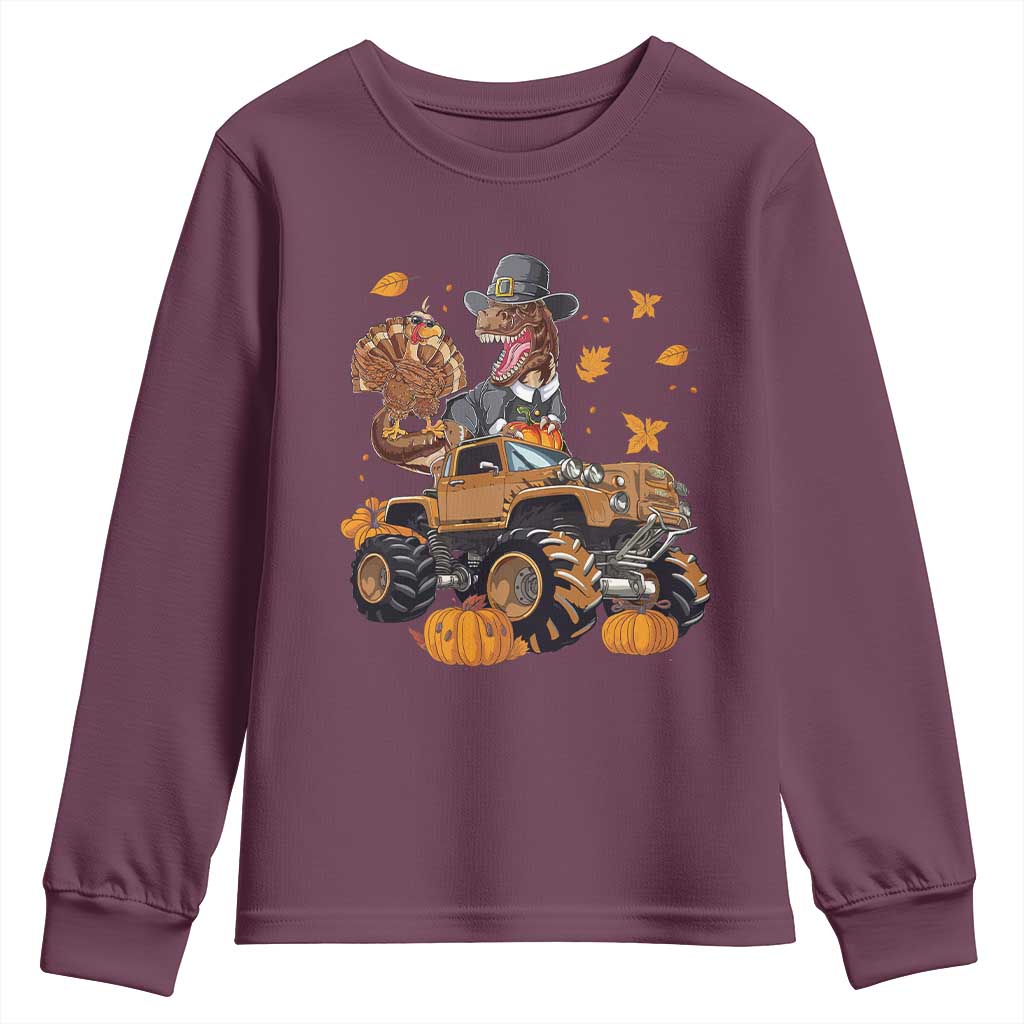 Thanksgiving Youth Sweatshirt Dinosaur Turkey Riding Truck Monster TS09 Maroon Print Your Wear