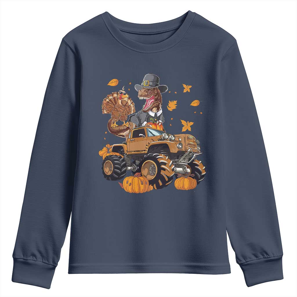 Thanksgiving Youth Sweatshirt Dinosaur Turkey Riding Truck Monster TS09 Navy Print Your Wear
