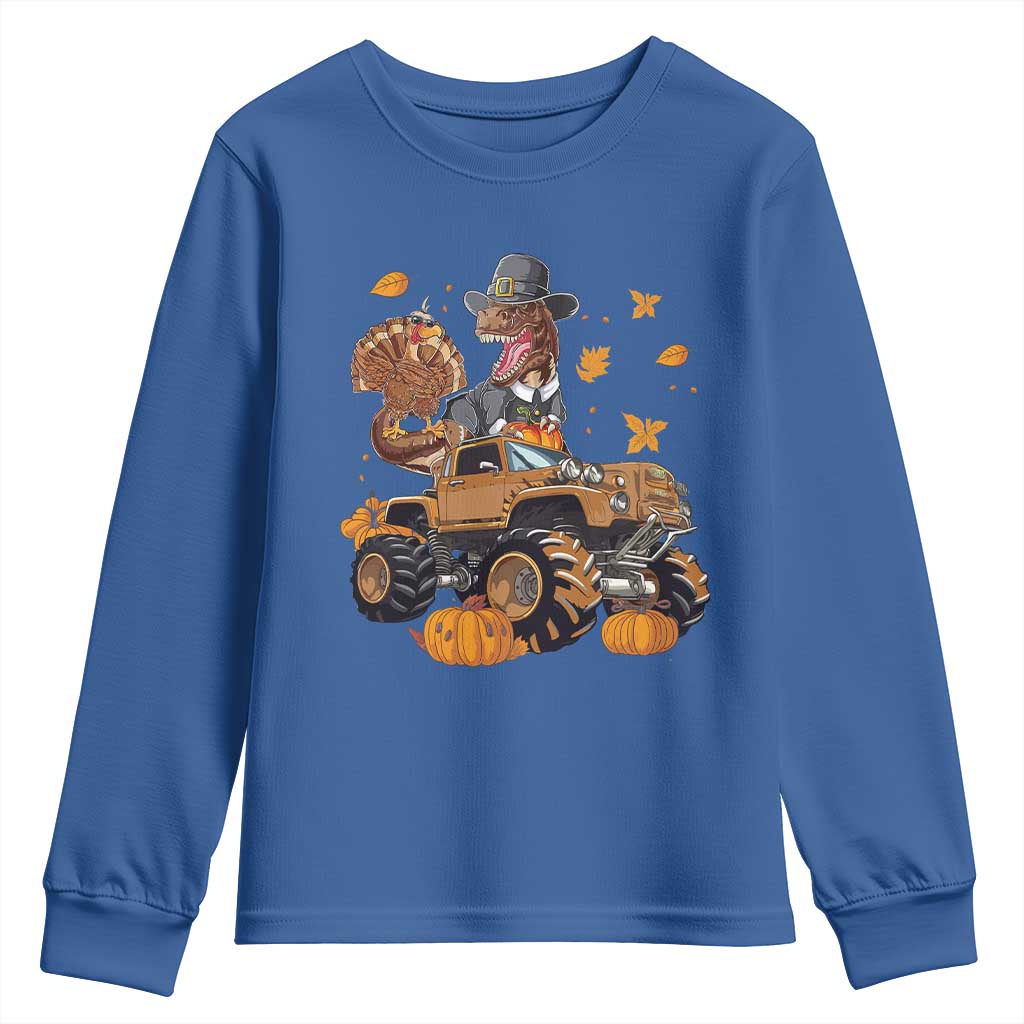 Thanksgiving Youth Sweatshirt Dinosaur Turkey Riding Truck Monster TS09 Royal Blue Print Your Wear
