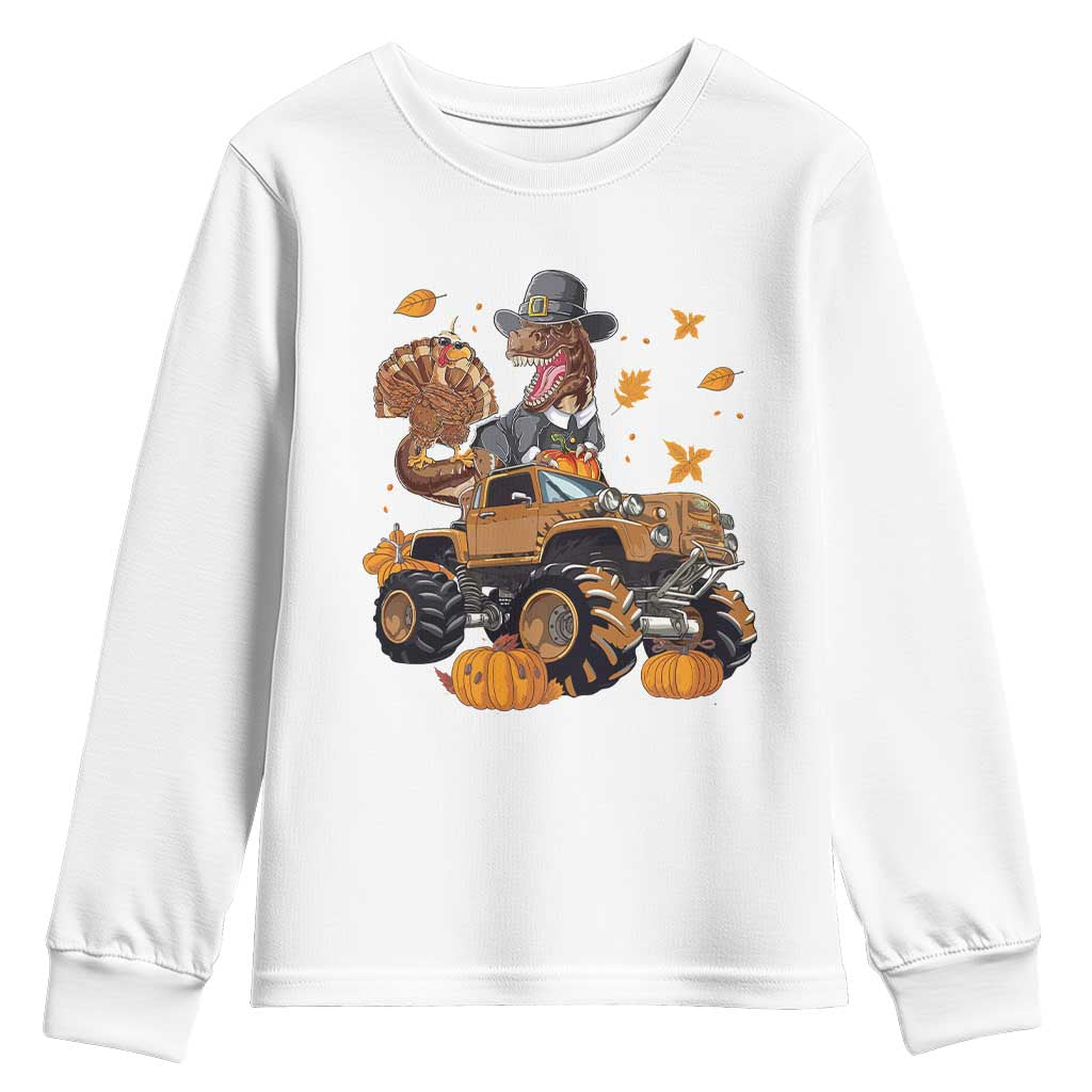 Thanksgiving Youth Sweatshirt Dinosaur Turkey Riding Truck Monster TS09 White Print Your Wear