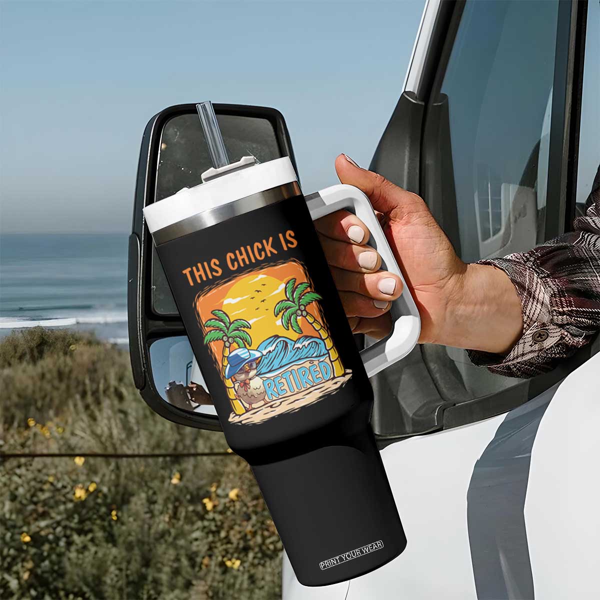 Funny Retirement Tumbler With Handle This Chick Is Retired Women Relax At The Beach TS09 Print Your Wear