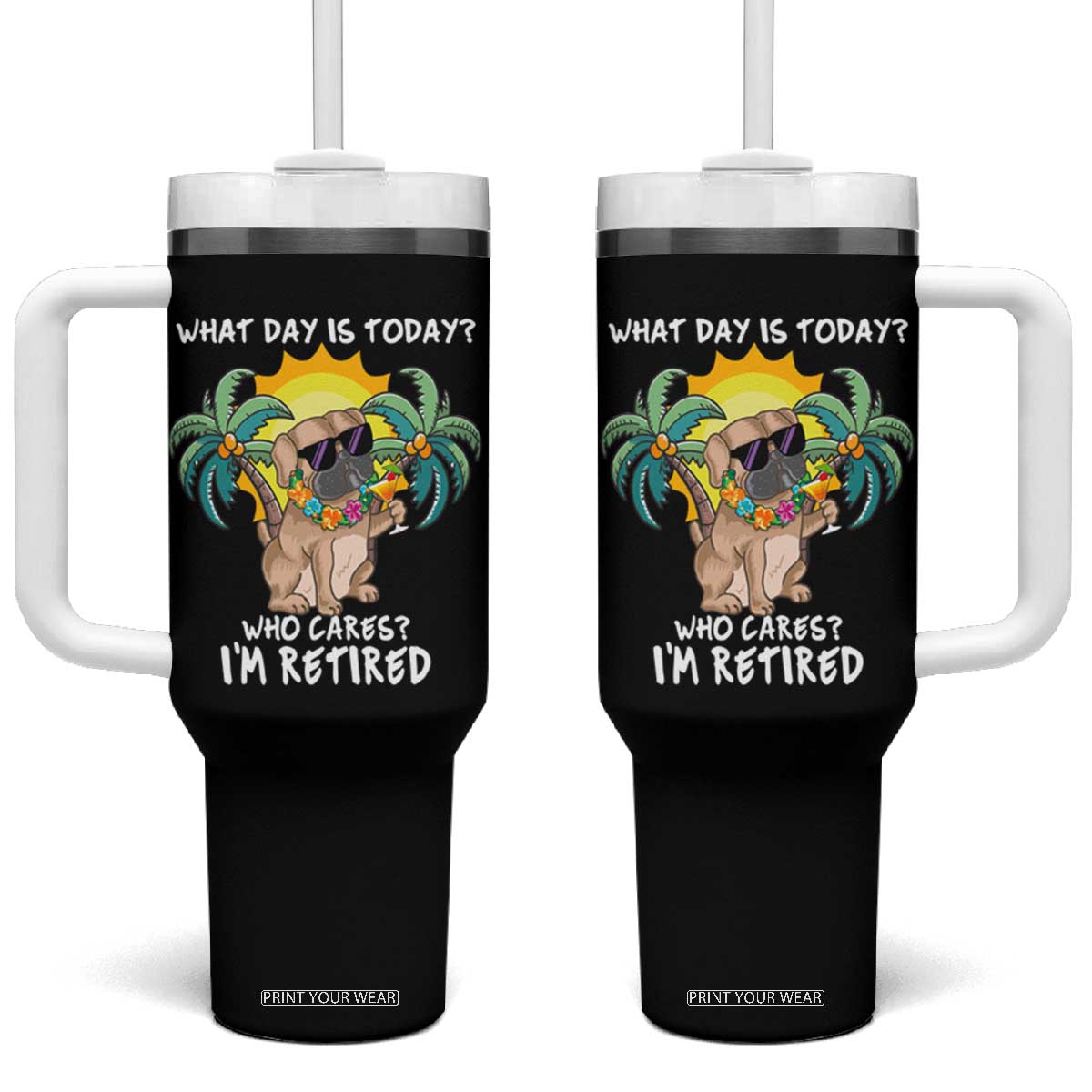 Funny Retirement Tumbler With Handle What Day Is Today Who Cares I'm Retired Funny Dog At Beach TS09 One Size: 40 oz Black Print Your Wear