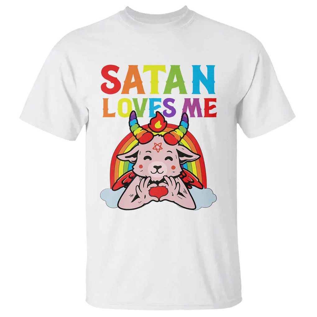 Funny Halloween T Shirt Satan Loves Me Rainbow Goat TS09 White Print Your Wear