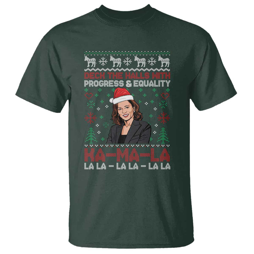 Funny Christmas Harris T Shirt Deck The Halls With Progress Equality Kamala La La TS09 Dark Forest Green Print Your Wear