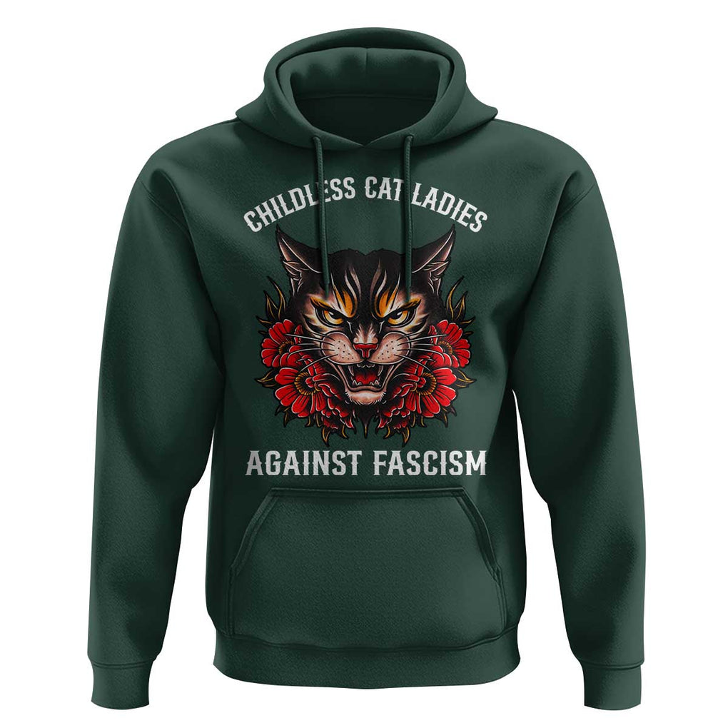 Childless Cat Ladies Hoodie Against Fascism Traditional Tattoo Cat TS09 Dark Forest Green Print Your Wear