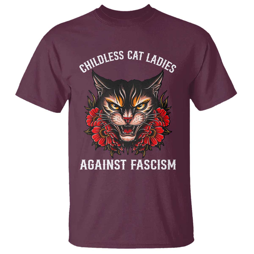 Childless Cat Ladies T Shirt Against Fascism Traditional Tattoo Cat TS09 Maroon Print Your Wear