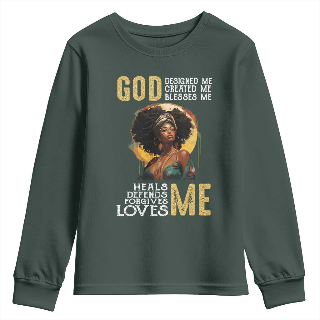 African Women Pride Youth Sweatshirt God Designed Created Blessed Me Black History Month TS09 Dark Forest Green Print Your Wear