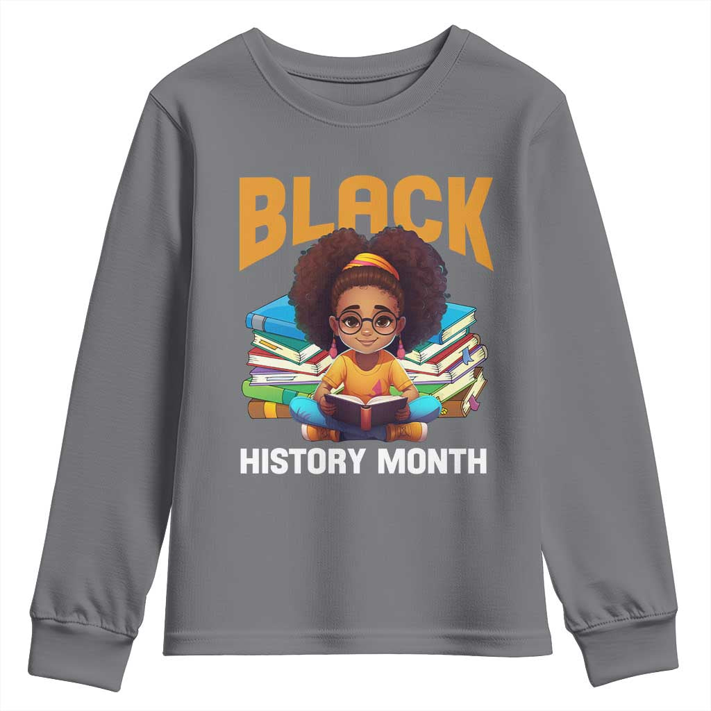 Black History Month Youth Sweatshirt African Girl Reading Book Black Educated Educator TS09 Charcoal Print Your Wear