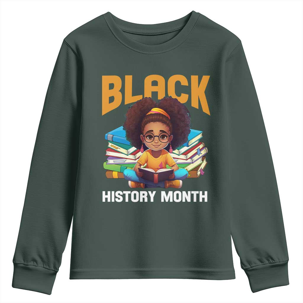 Black History Month Youth Sweatshirt African Girl Reading Book Black Educated Educator TS09 Dark Forest Green Print Your Wear