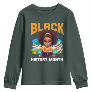 Black History Month Youth Sweatshirt African Girl Reading Book Black Educated Educator TS09 Dark Forest Green Print Your Wear