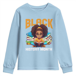 Black History Month Youth Sweatshirt African Girl Reading Book Black Educated Educator TS09 Light Blue Print Your Wear