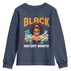 Black History Month Youth Sweatshirt African Girl Reading Book Black Educated Educator TS09 Navy Print Your Wear