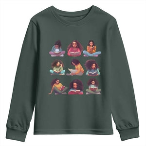 Black History Month Youth Sweatshirt Reading Book African Smart Melanin Women Girls TS09 Dark Forest Green Print Your Wear