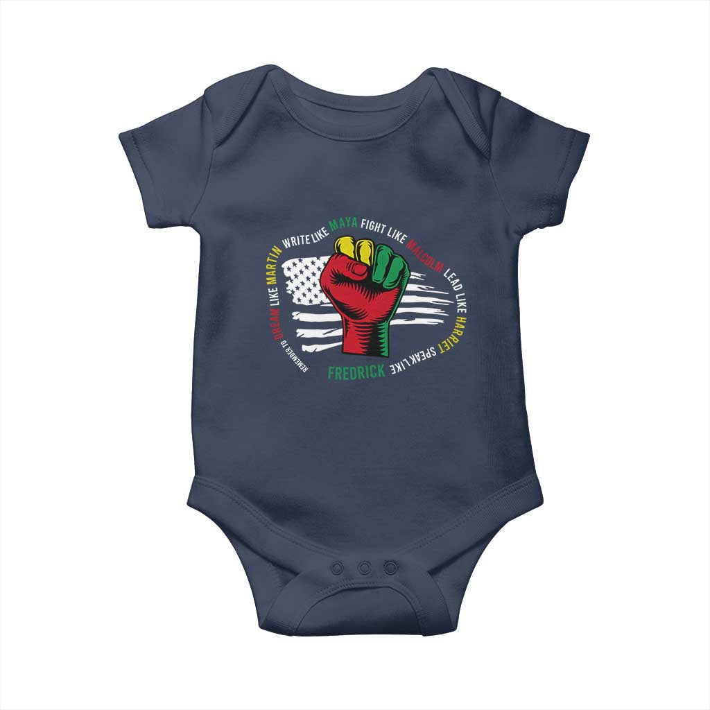 Black Civil Rights Baby Onesie Dream Like Martin Write Like Maya Fight Like Macolm Lead Like Harriet Speak Like Fredrick TS09 Navy Print Your Wear