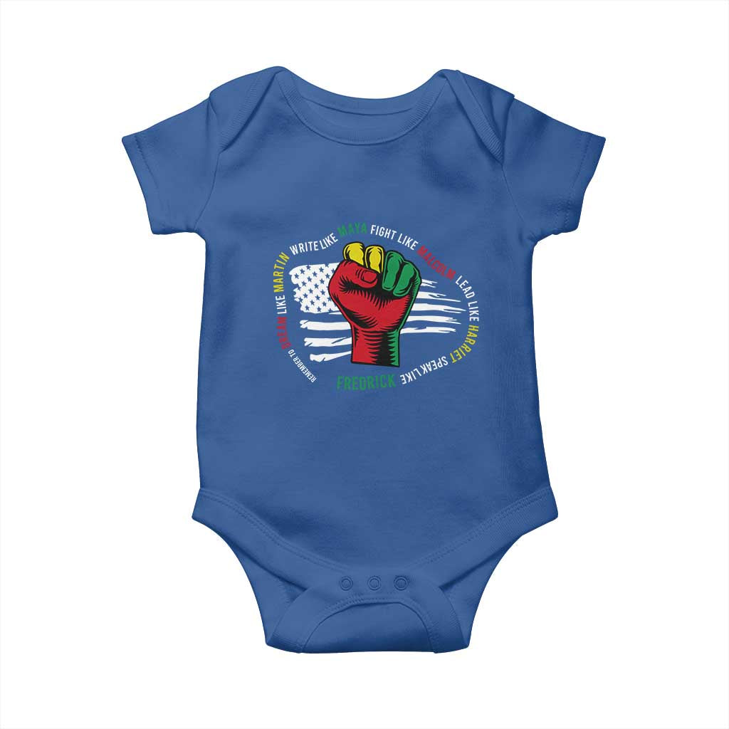 Black Civil Rights Baby Onesie Dream Like Martin Write Like Maya Fight Like Macolm Lead Like Harriet Speak Like Fredrick TS09 Royal Blue Print Your Wear