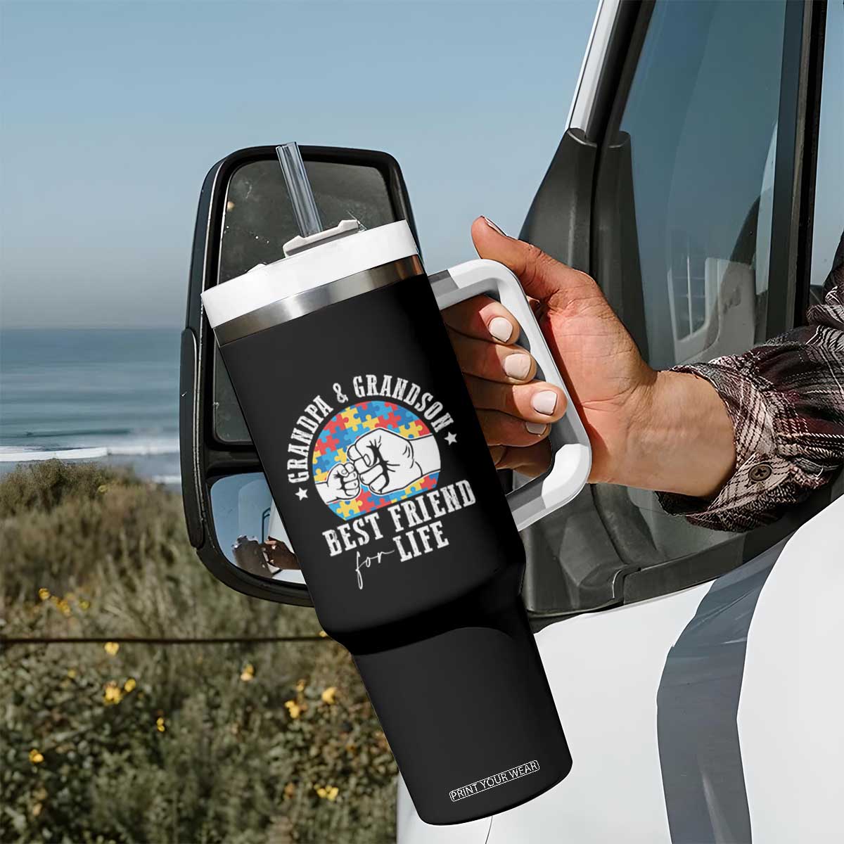 Autism Awareness Tumbler With Handle Grandpa Grandson Best Friend For Life Father's Day TS09 Print Your Wear