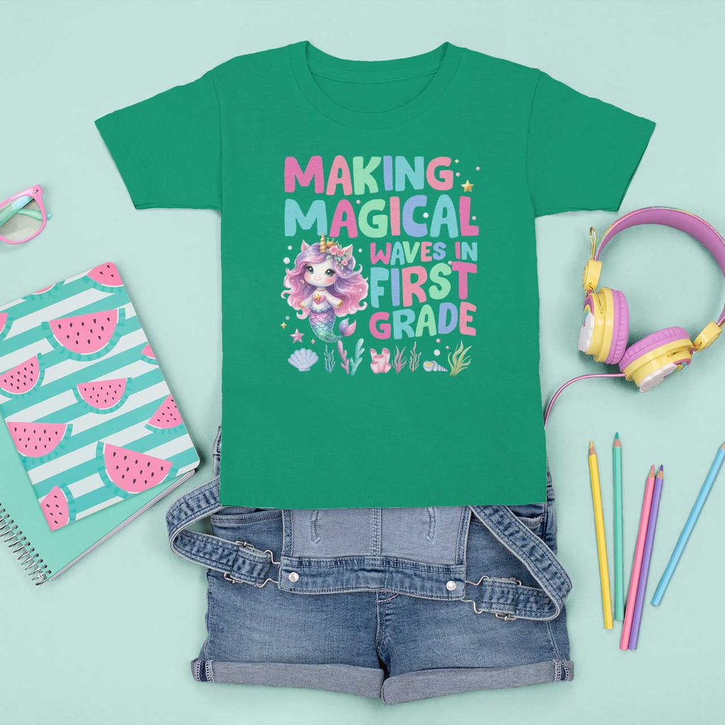 1st Grade Mermaid Unicorn T Shirt For Kid Making Magical Waves In First Grade TS09 Irish Green Print Your Wear