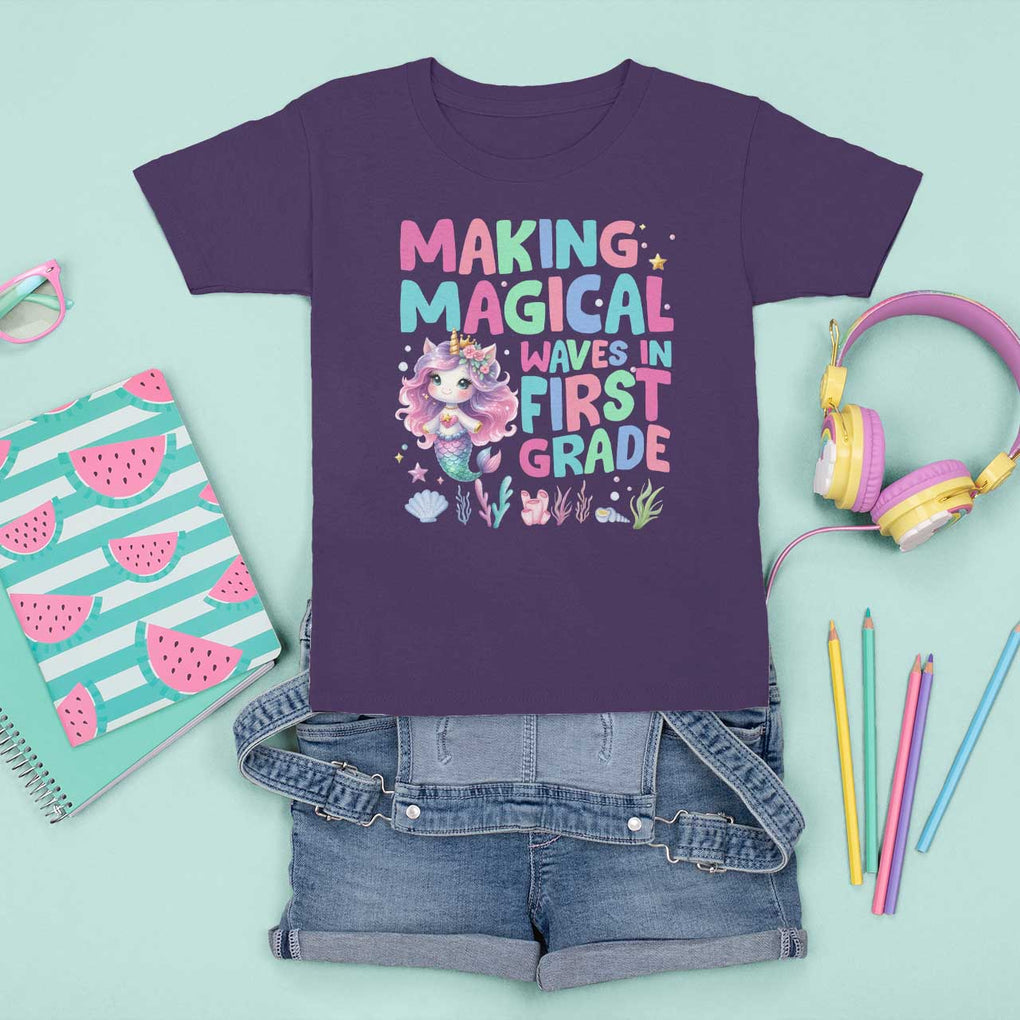 1st Grade Mermaid Unicorn T Shirt For Kid Making Magical Waves In First Grade TS09 Purple Print Your Wear