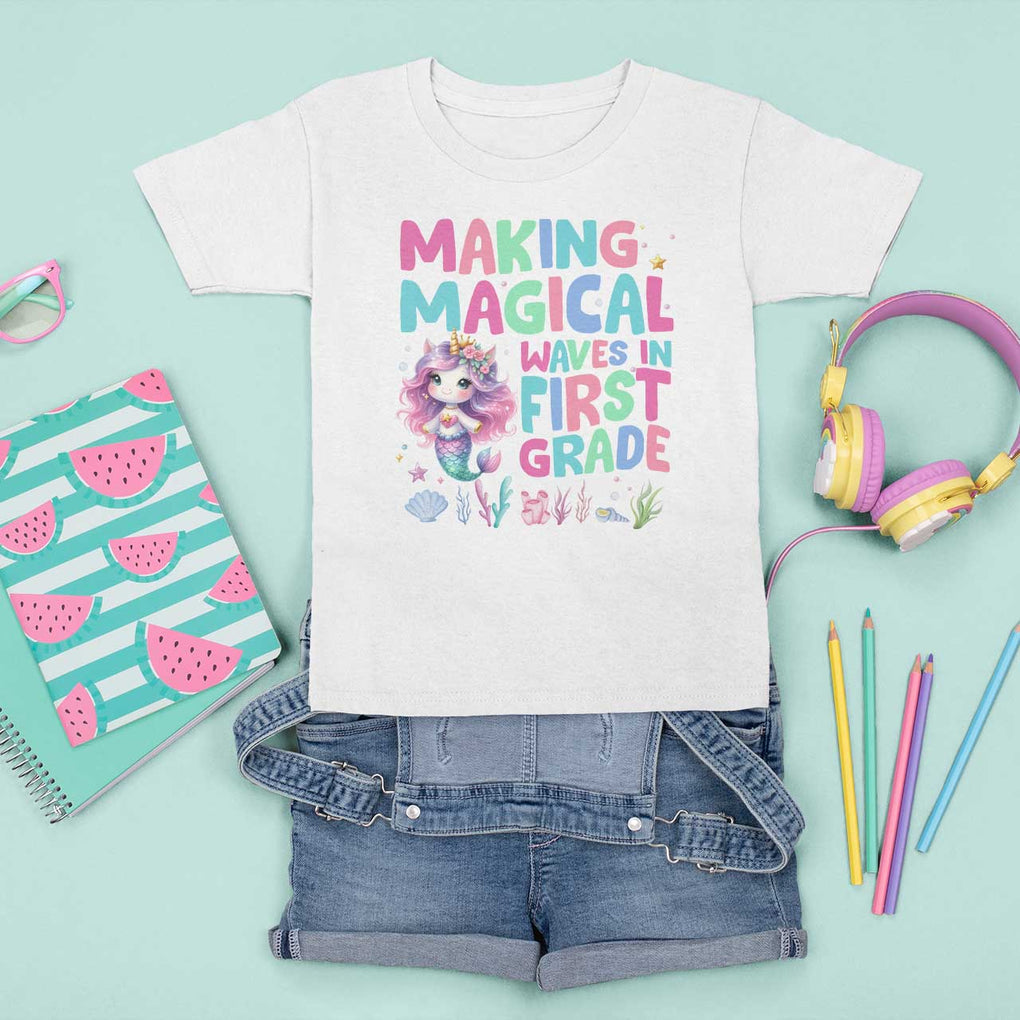 1st Grade Mermaid Unicorn T Shirt For Kid Making Magical Waves In First Grade TS09 White Print Your Wear