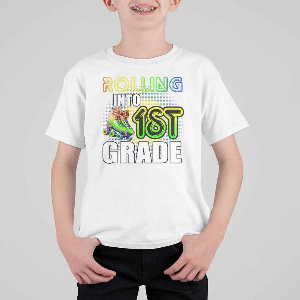 Rolling Into 1st Grade Skating T Shirt For Kid Back To School Rainbow Roller Skates TS09 White Print Your Wear
