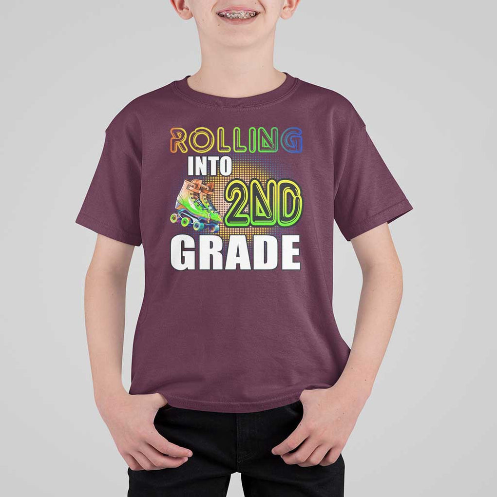 Rolling Into 2nd Grade Skating T Shirt For Kid Back To School Rainbow Roller Skates TS09 Maroon Print Your Wear