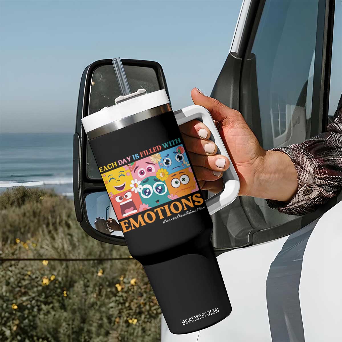 Mental Health Tumbler With Handle Each Day Is Filled With Emotions TS09 Print Your Wear