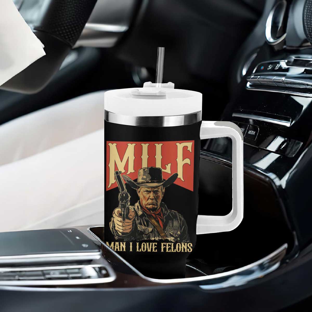 Funny Cowboy Trump Tumbler With Handle MILF Man I Love Felon Outlaw TS09 Print Your Wear