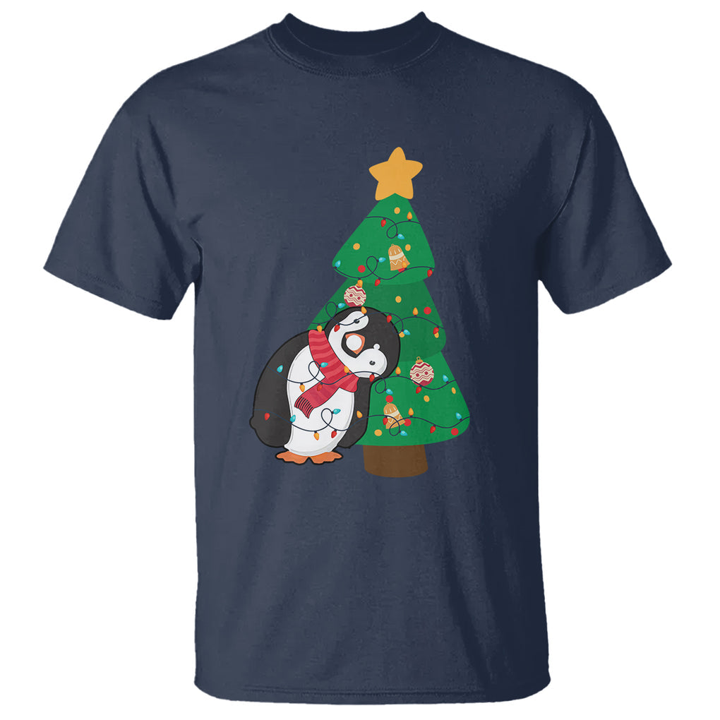 Funny Penguin With Christmas Tree Tangled Xmas Light T Shirt TS09 Printyourwear