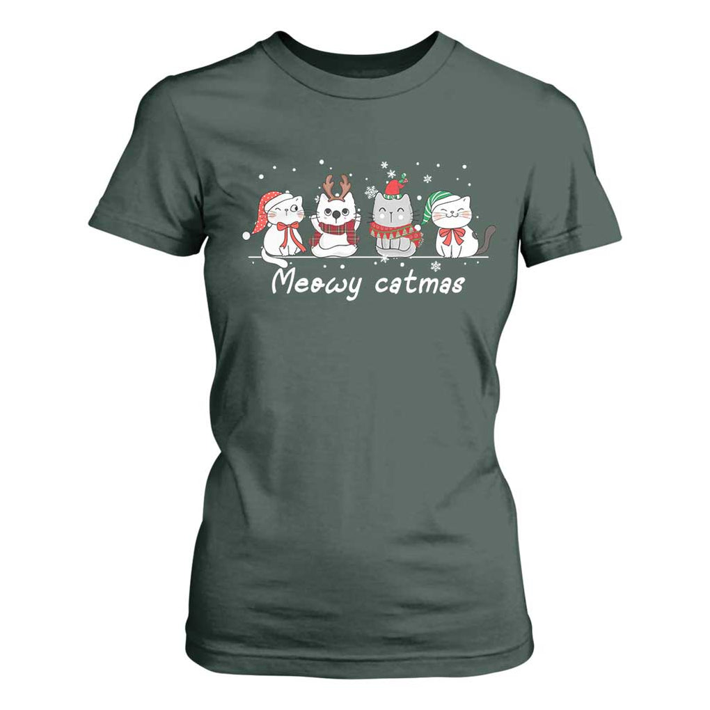 Xmas Cat T Shirt For Women Meowy Catmas Cute Cat Santa Hat TS09 Dark Forest Green Print Your Wear
