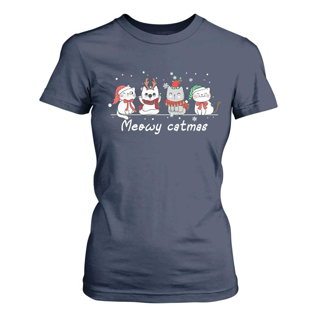 Xmas Cat T Shirt For Women Meowy Catmas Cute Cat Santa Hat TS09 Navy Print Your Wear